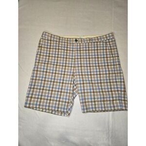 Tommy Bahama Mens 42 Plaid Shorts Casual Flat Front Beige Blue Brown‎ Seersucker